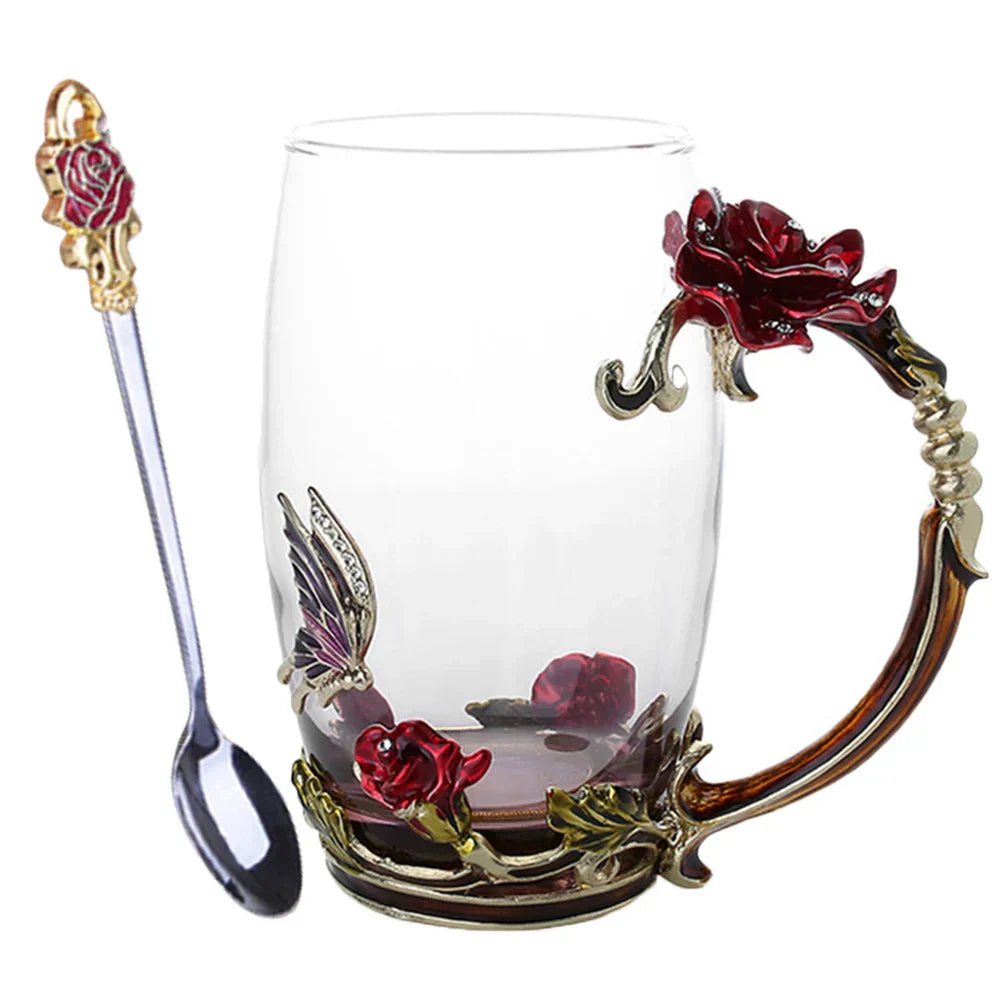 Handcrafted Enamel Coffee Mugs - Rose-Glass Tea Cup with Steel Spoon | Luxury Unique Gifts for Weddings, Valentine's Day, and Birthdays