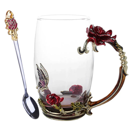 Handcrafted Enamel Coffee Mugs - Rose-Glass Tea Cup with Steel Spoon | Luxury Unique Gifts for Weddings, Valentine's Day, and Birthdays