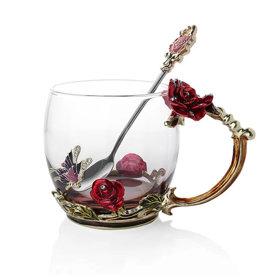 Handcrafted Enamel Coffee Mugs - Rose-Glass Tea Cup with Steel Spoon | Luxury Unique Gifts for Weddings, Valentine's Day, and Birthdays