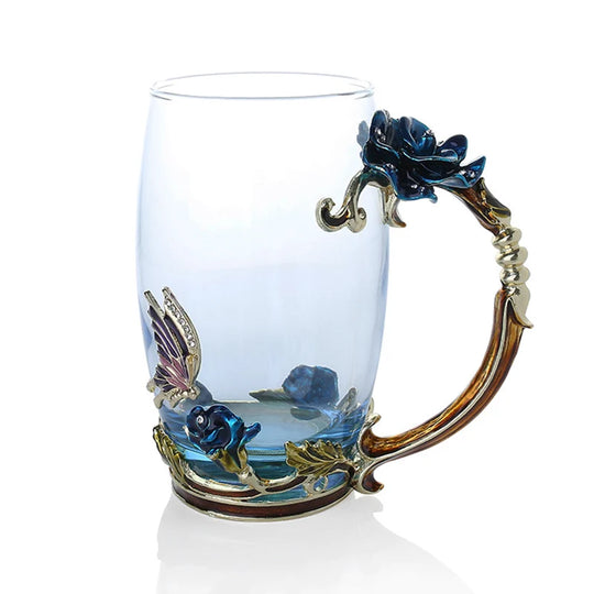 Handcrafted Enamel Coffee Mugs - Rose-Glass Tea Cup with Steel Spoon | Luxury Unique Gifts for Weddings, Valentine's Day, and Birthdays