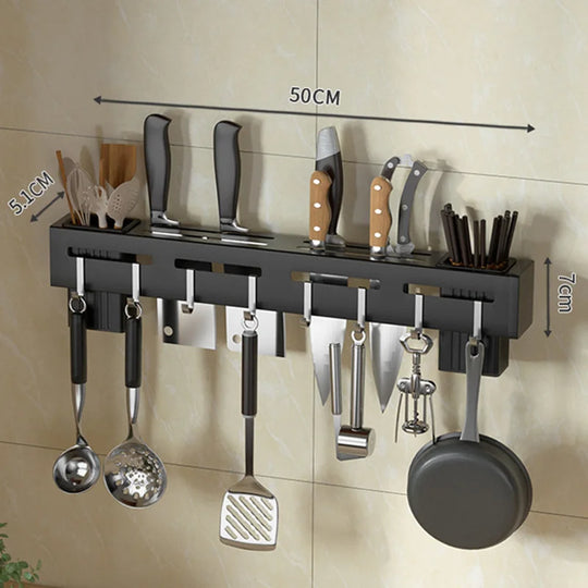 Stainless Steel Wall-Mounted Knife Holder Shelf - Nail-Free Storage with Hooks for Cutlery - Cabinet Organizer for a Tidy Kitchen