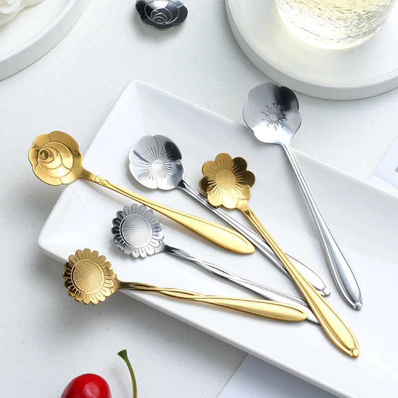 8-Piece Stainless Steel Teaspoon Set with Flower Design