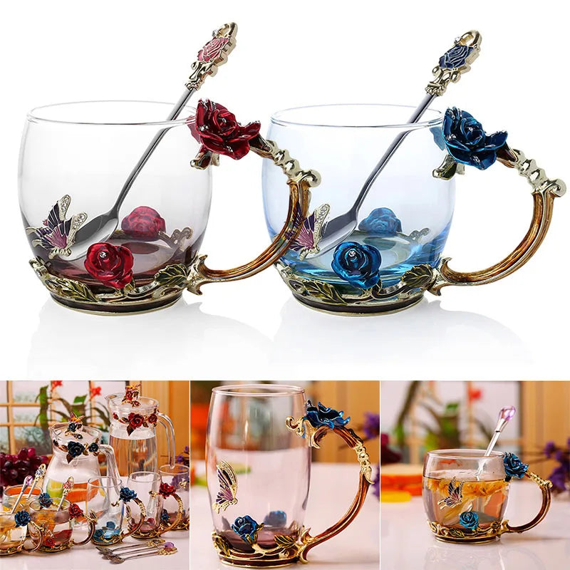 Handcrafted Enamel Coffee Mugs - Rose-Glass Tea Cup with Steel Spoon | Luxury Unique Gifts for Weddings, Valentine's Day, and Birthdays