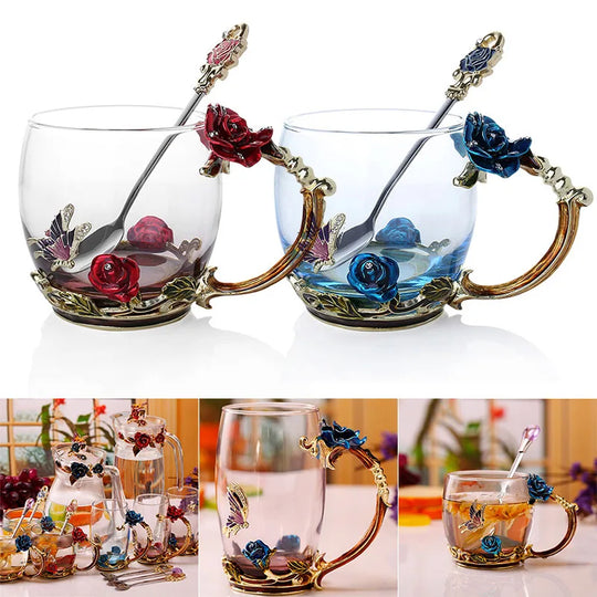 Handcrafted Enamel Coffee Mugs - Rose-Glass Tea Cup with Steel Spoon | Luxury Unique Gifts for Weddings, Valentine's Day, and Birthdays