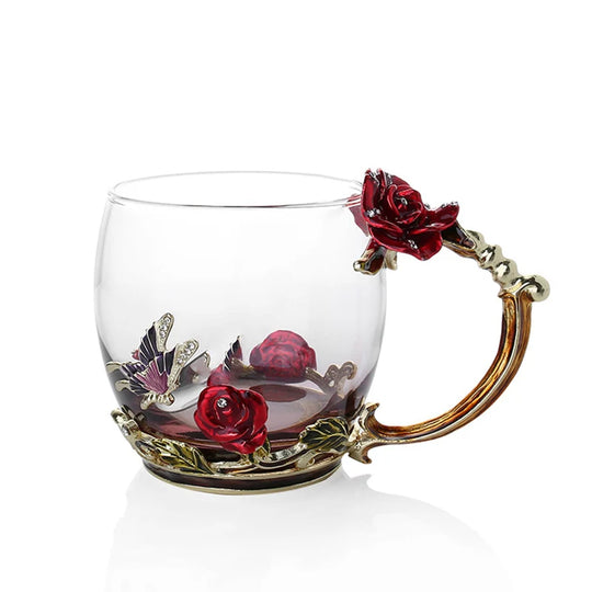 Handcrafted Enamel Coffee Mugs - Rose-Glass Tea Cup with Steel Spoon | Luxury Unique Gifts for Weddings, Valentine's Day, and Birthdays