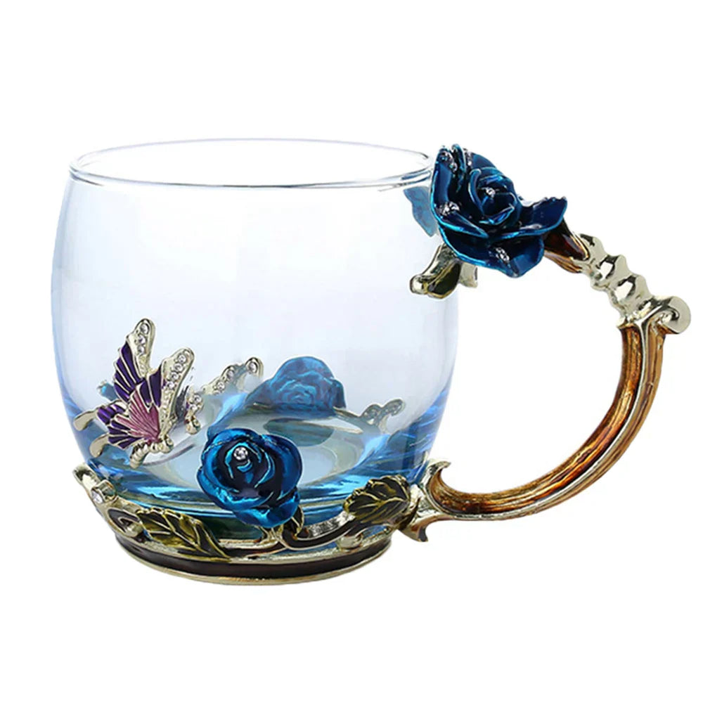 Handcrafted Enamel Coffee Mugs - Rose-Glass Tea Cup with Steel Spoon | Luxury Unique Gifts for Weddings, Valentine's Day, and Birthdays