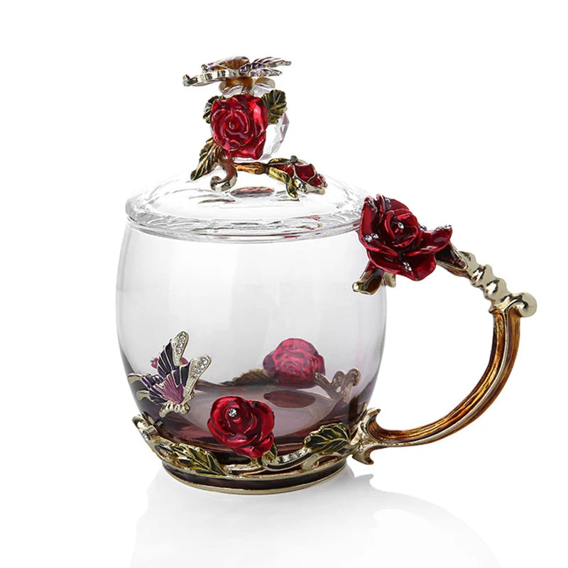 Handcrafted Enamel Coffee Mugs - Rose-Glass Tea Cup with Steel Spoon | Luxury Unique Gifts for Weddings, Valentine's Day, and Birthdays