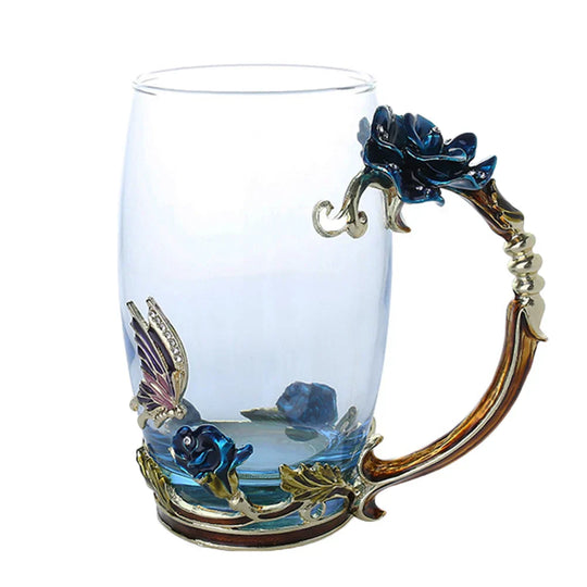 Handcrafted Enamel Coffee Mugs - Rose-Glass Tea Cup with Steel Spoon | Luxury Unique Gifts for Weddings, Valentine's Day, and Birthdays