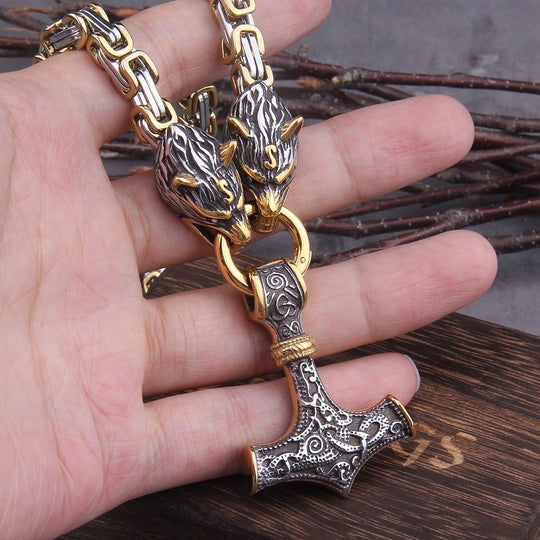 60–90 cm Stainless Steel Double Wolf Head & Mjolnir Survival Spirit Necklace/Bracelet