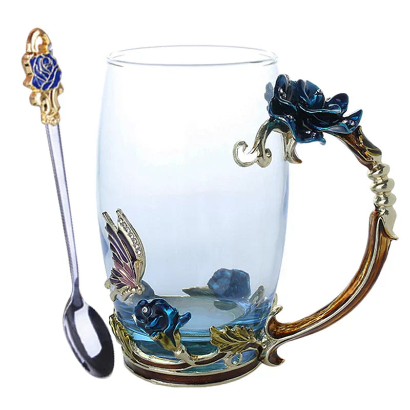 Handcrafted Enamel Coffee Mugs - Rose-Glass Tea Cup with Steel Spoon | Luxury Unique Gifts for Weddings, Valentine's Day, and Birthdays
