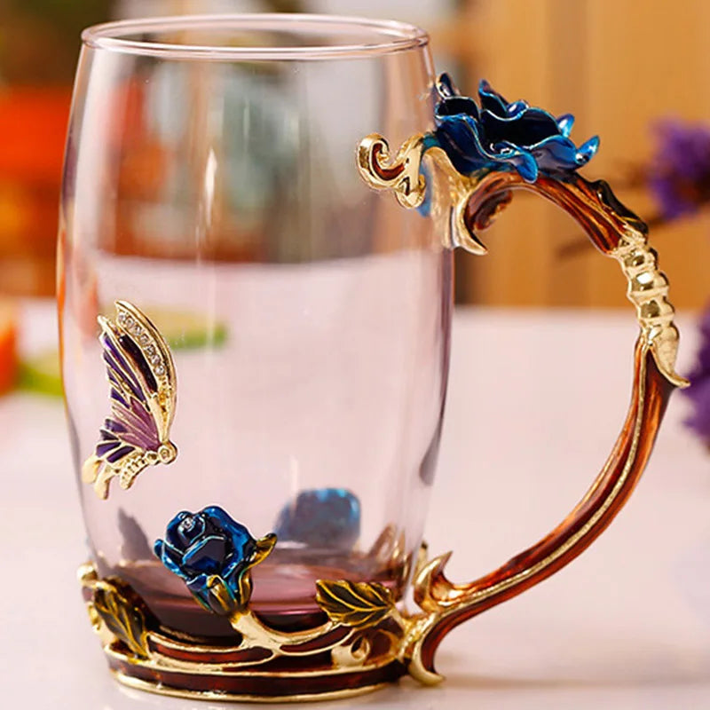 Handcrafted Enamel Coffee Mugs - Rose-Glass Tea Cup with Steel Spoon | Luxury Unique Gifts for Weddings, Valentine's Day, and Birthdays