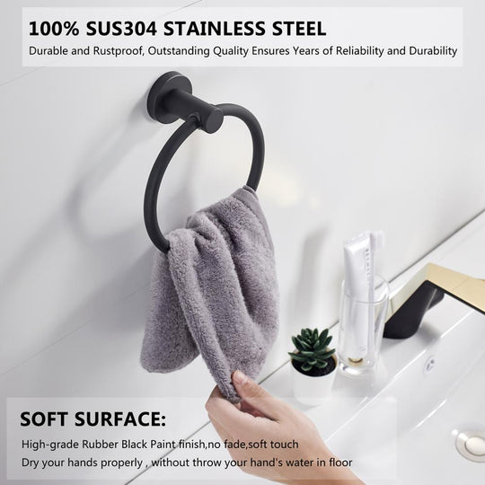 Towel Ring in Chrome Finish, Round Simple Design, Black, 304 Stainless Steel, Rustproof European Bathroom Accessories