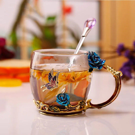 Handcrafted Enamel Coffee Mugs - Rose-Glass Tea Cup with Steel Spoon | Luxury Unique Gifts for Weddings, Valentine's Day, and Birthdays