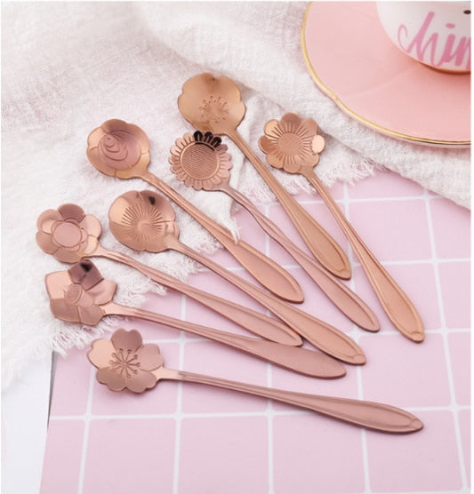 8-Piece Stainless Steel Teaspoon Set with Flower Design