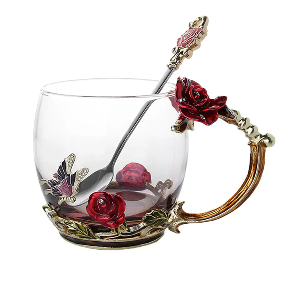 Handcrafted Enamel Coffee Mugs - Rose-Glass Tea Cup with Steel Spoon | Luxury Unique Gifts for Weddings, Valentine's Day, and Birthdays