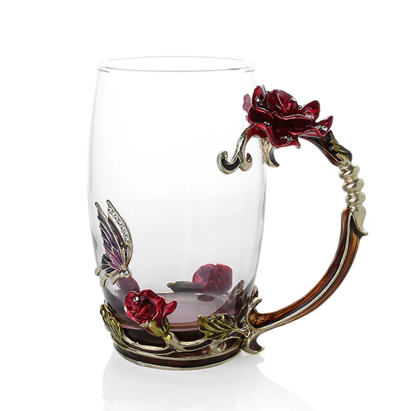 Handcrafted Enamel Coffee Mugs - Rose-Glass Tea Cup with Steel Spoon | Luxury Unique Gifts for Weddings, Valentine's Day, and Birthdays