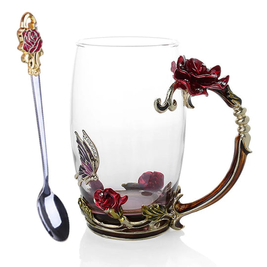 Handcrafted Enamel Coffee Mugs - Rose-Glass Tea Cup with Steel Spoon | Luxury Unique Gifts for Weddings, Valentine's Day, and Birthdays