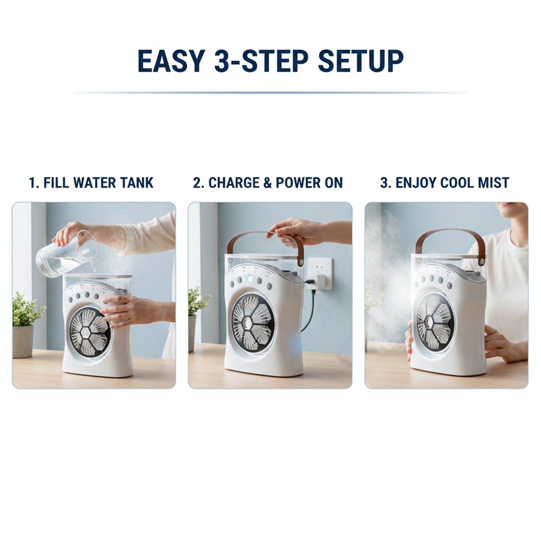 Portable Air Cooler - Rechargeable Design - Mist Function