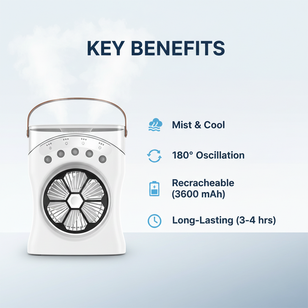 Portable Air Cooler - Rechargeable Design - Mist Function