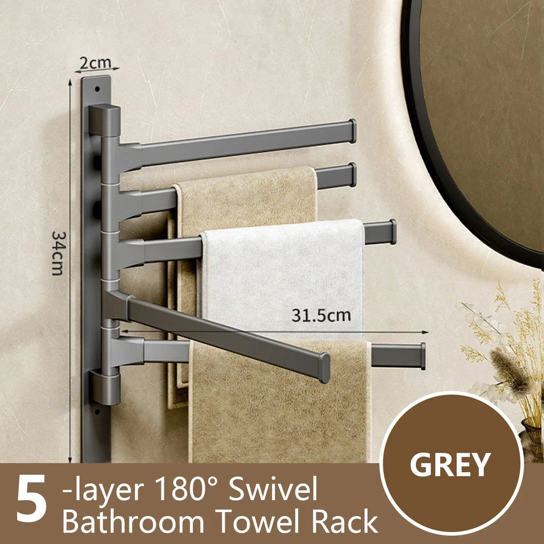 Rotatable Bathroom Towel Holder - Space Aluminium 1/2/3/4/5-Bar Towel Rack for Kitchen Shelf and Wall Mounted Hanging Storage