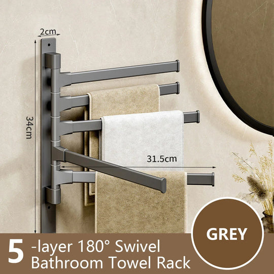 Rotatable Bathroom Towel Holder - Space Aluminium 1/2/3/4/5-Bar Towel Rack for Kitchen Shelf and Wall Mounted Hanging Storage