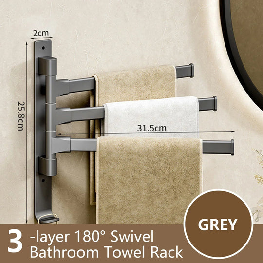 Rotatable Bathroom Towel Holder - Space Aluminium 1/2/3/4/5-Bar Towel Rack for Kitchen Shelf and Wall Mounted Hanging Storage
