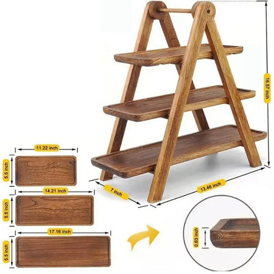 3-Tier Wooden Step Plate Decorative Cake Stand - Farmhouse Style Serving Dish and Trays for Parties