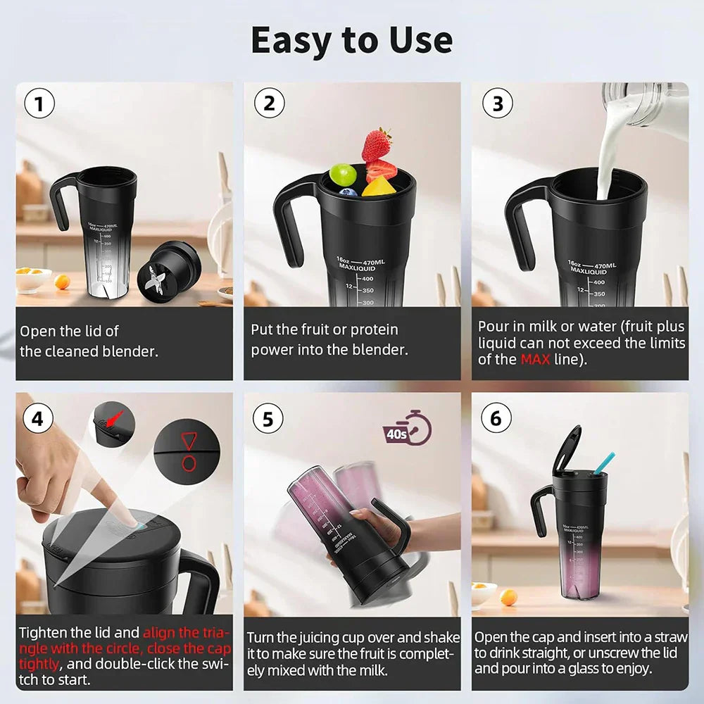Portable Juicer - Rechargeable Mini Mixer with 6 Sharp Blades for Shakes and Smoothies