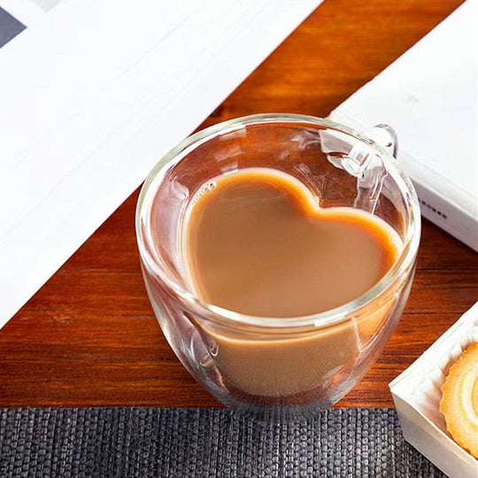 Heart Love Shape Glass Mug - Double-Walled Insulated Coffee Cup for Tea, Milk, Lemon Juice, and Water - Heat-Resistant Drinkware Gift for Lovers