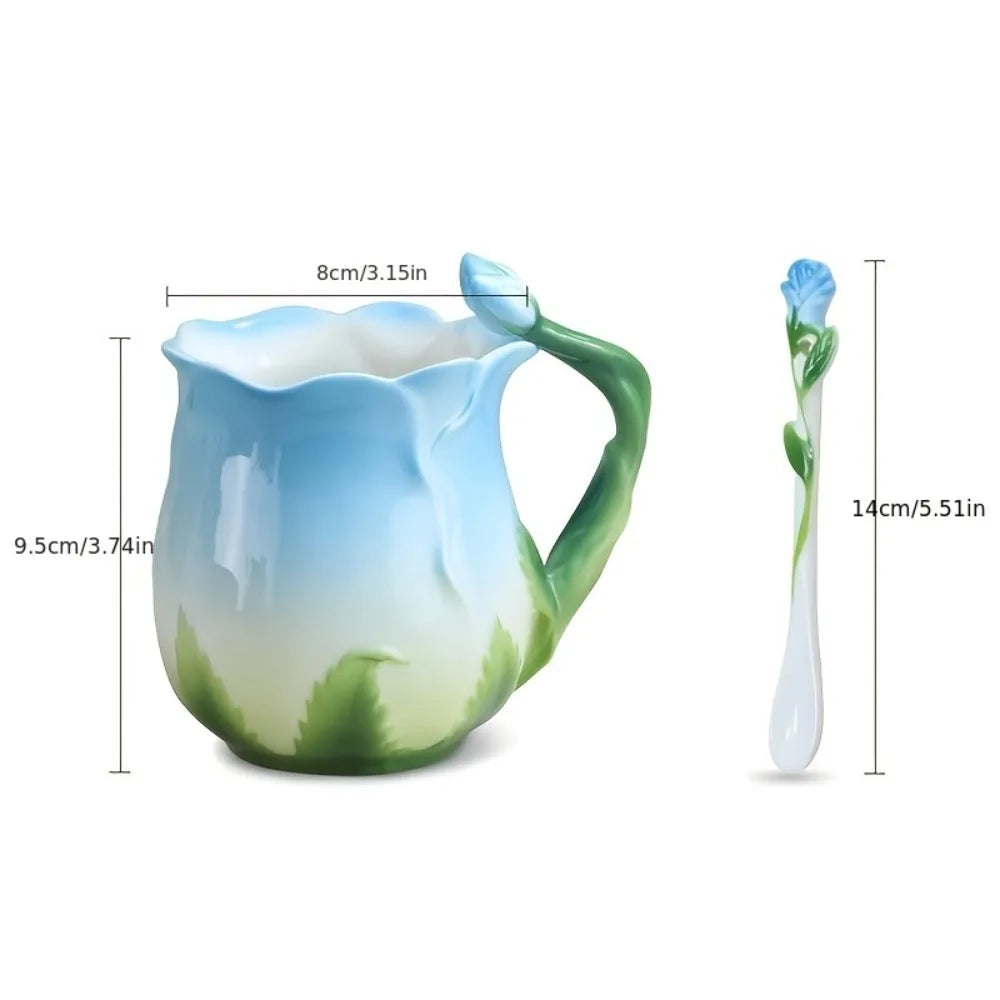 3D Rose Flower Ceramic Coffee Mug | Cute Aesthetic Water Cup with Spoon - Perfect for Summer & Winter Drinking - Ideal Valentine's Day Gift