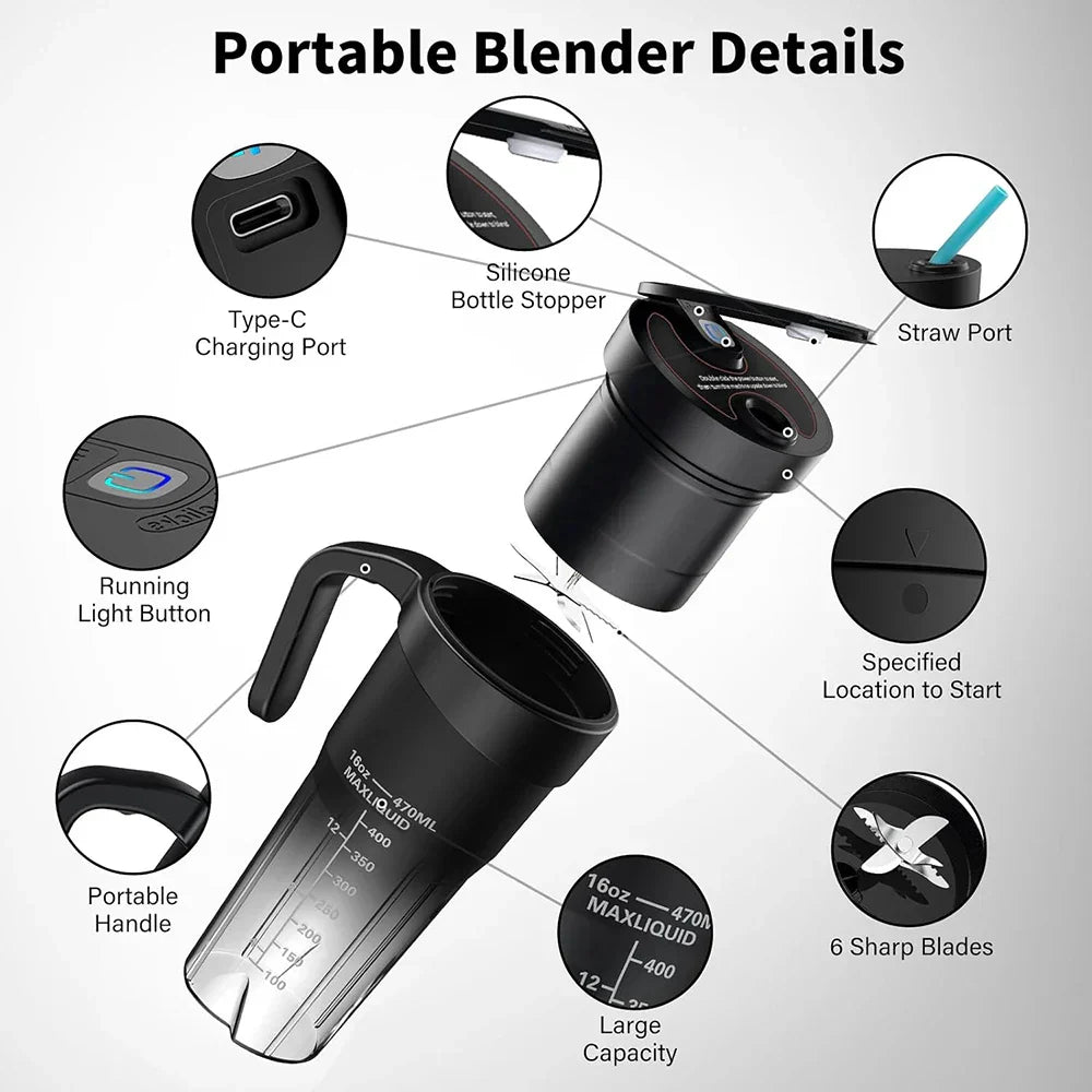 Portable Juicer - Rechargeable Mini Mixer with 6 Sharp Blades for Shakes and Smoothies