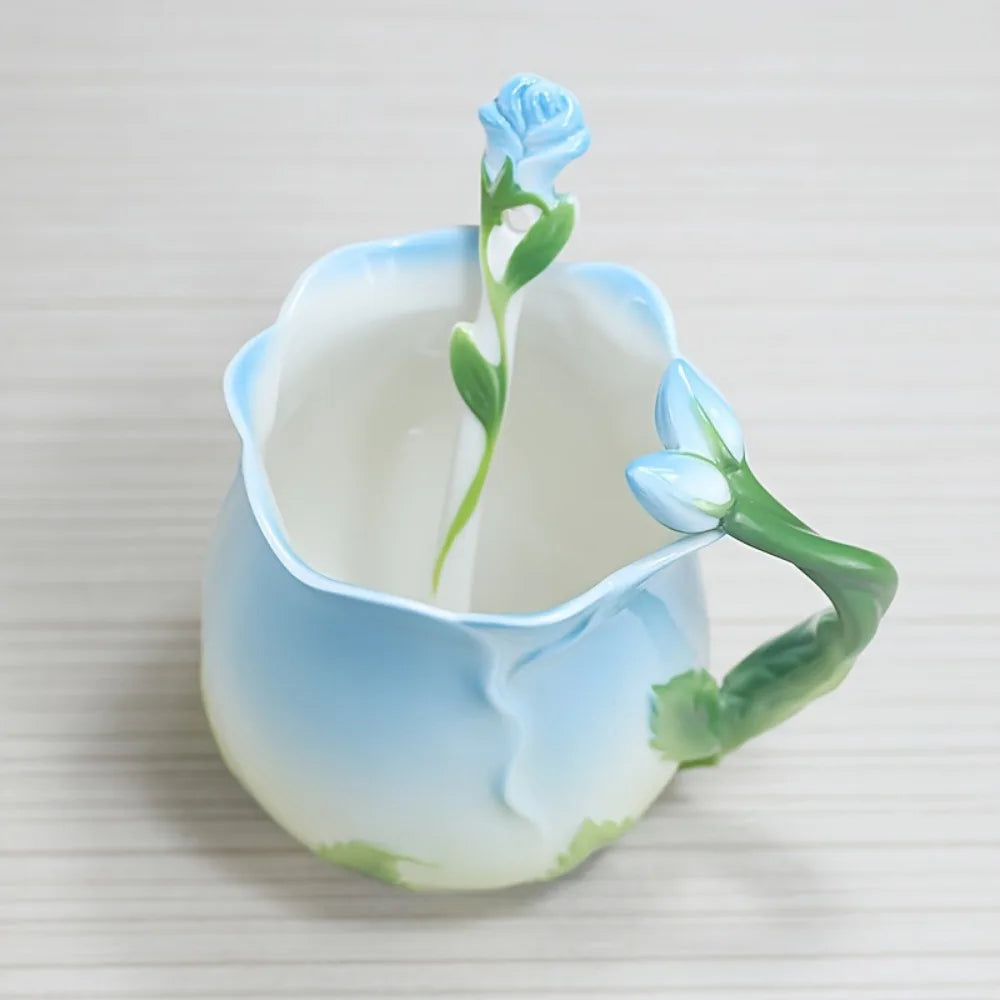 3D Rose Flower Ceramic Coffee Mug | Cute Aesthetic Water Cup with Spoon - Perfect for Summer & Winter Drinking - Ideal Valentine's Day Gift