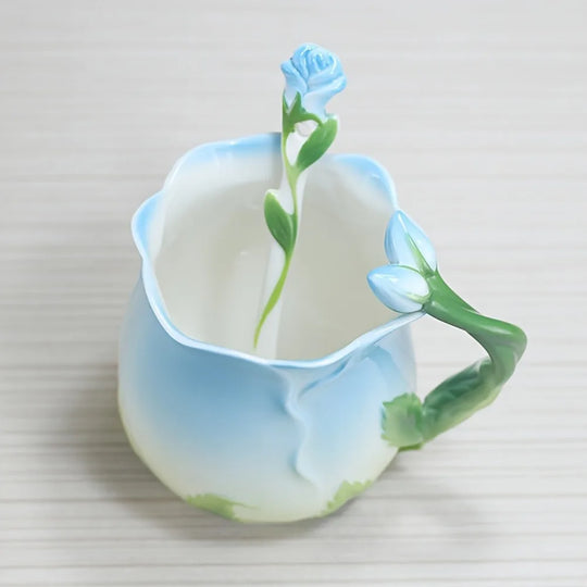 3D Rose Flower Ceramic Coffee Mug | Cute Aesthetic Water Cup with Spoon - Perfect for Summer & Winter Drinking - Ideal Valentine's Day Gift