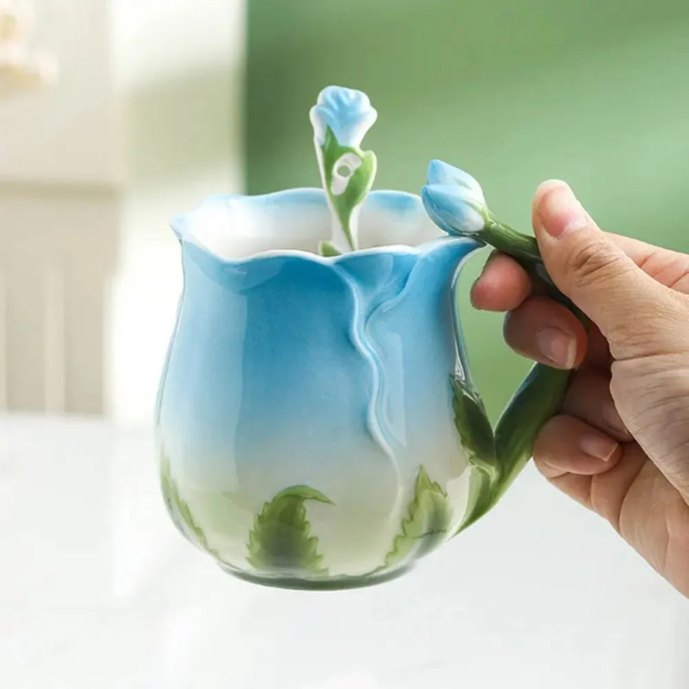 3D Rose Flower Ceramic Coffee Mug | Cute Aesthetic Water Cup with Spoon - Perfect for Summer & Winter Drinking - Ideal Valentine's Day Gift