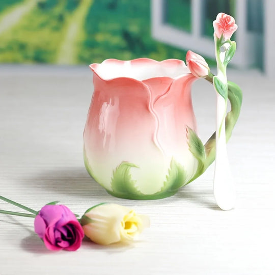 3D Rose Flower Ceramic Coffee Mug | Cute Aesthetic Water Cup with Spoon - Perfect for Summer & Winter Drinking - Ideal Valentine's Day Gift