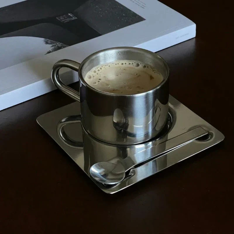Stainless Steel Coffee Cup and Tray Set