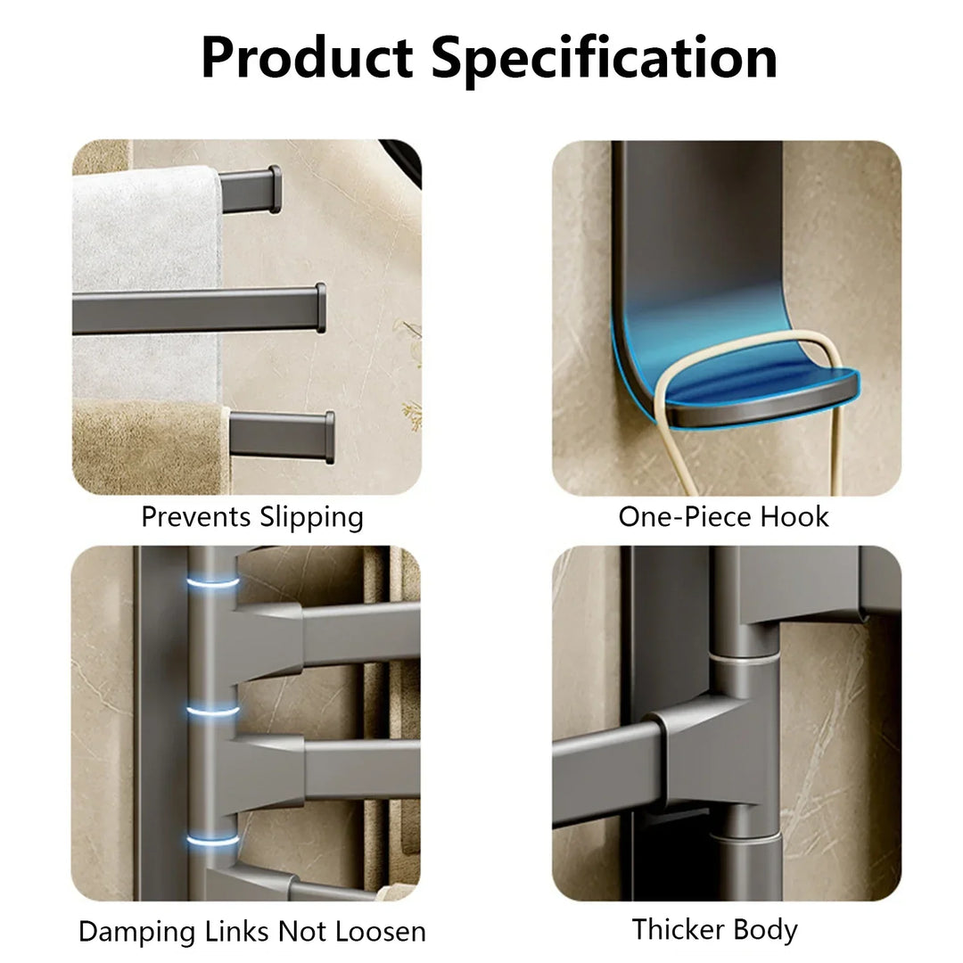 Rotatable Bathroom Towel Holder - Space Aluminium 1/2/3/4/5-Bar Towel Rack for Kitchen Shelf and Wall Mounted Hanging Storage