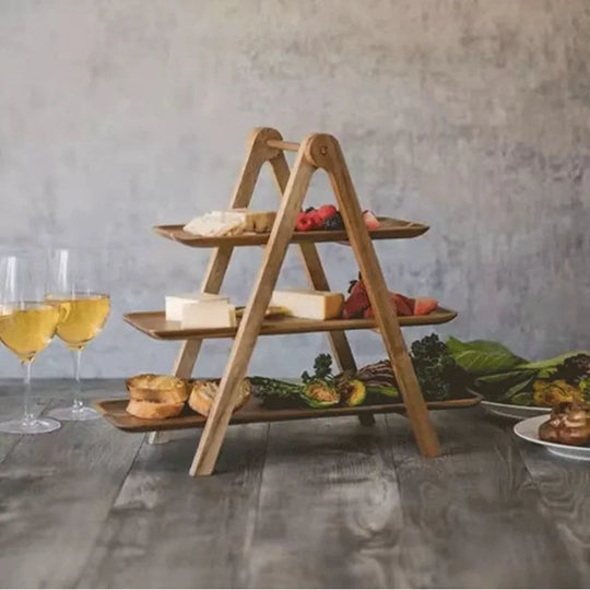 3-Tier Wooden Step Plate Decorative Cake Stand - Farmhouse Style Serving Dish and Trays for Parties