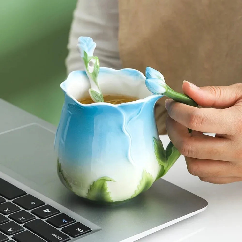 3D Rose Flower Ceramic Coffee Mug | Cute Aesthetic Water Cup with Spoon - Perfect for Summer & Winter Drinking - Ideal Valentine's Day Gift