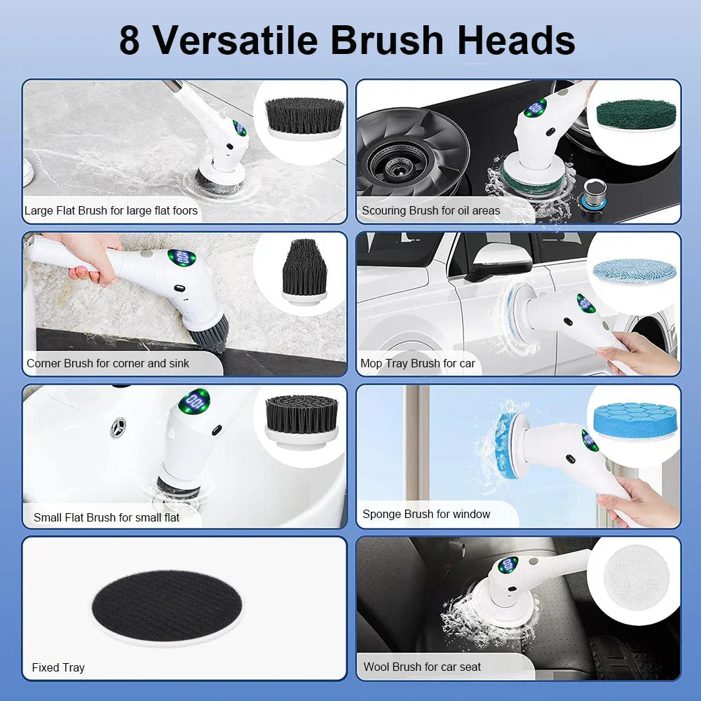 8-in-1 Multifunctional Electric Cleaning Brush - Wireless and Rotating for Bathroom, Kitchen, Windows, and Toilet