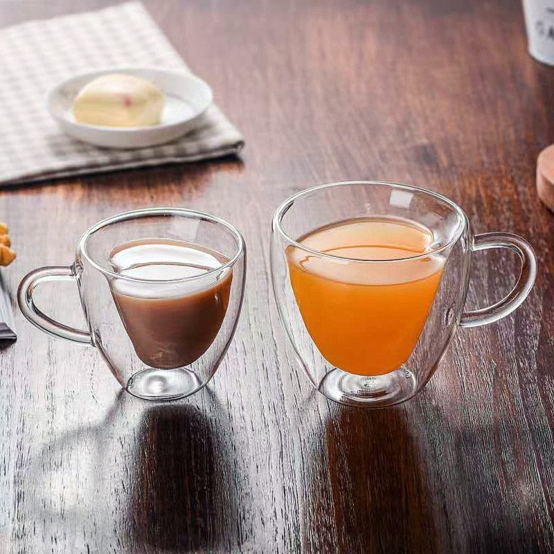 Heart Love Shape Glass Mug - Double-Walled Insulated Coffee Cup for Tea, Milk, Lemon Juice, and Water - Heat-Resistant Drinkware Gift for Lovers