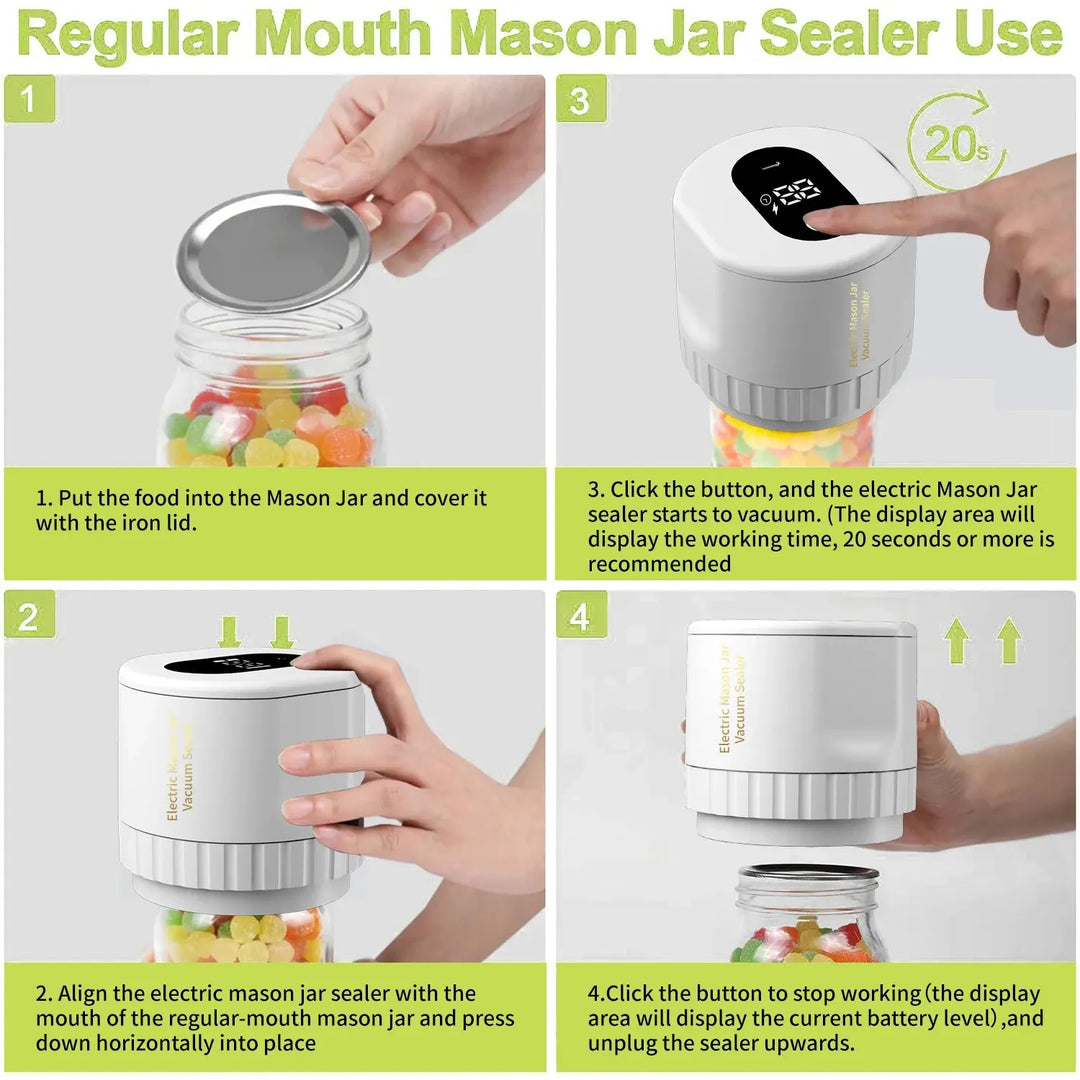 Electric Mason Jar Vacuum Sealing Set - Cordless Sealer for Wide Mouth and Regular Mason Jars - Perfect for Food Storage