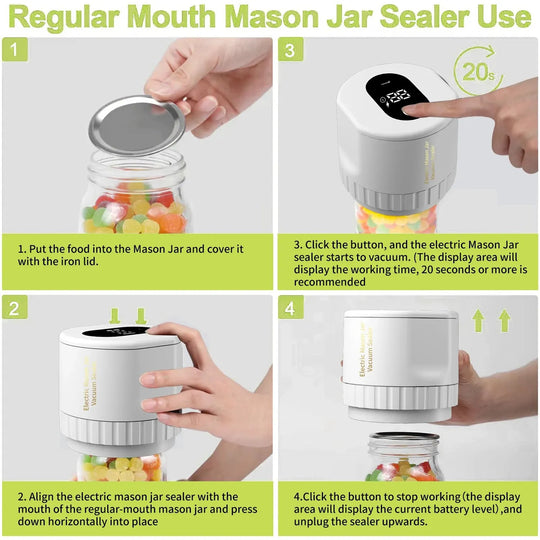 Electric Mason Jar Vacuum Sealing Set - Cordless Sealer for Wide Mouth and Regular Mason Jars - Perfect for Food Storage