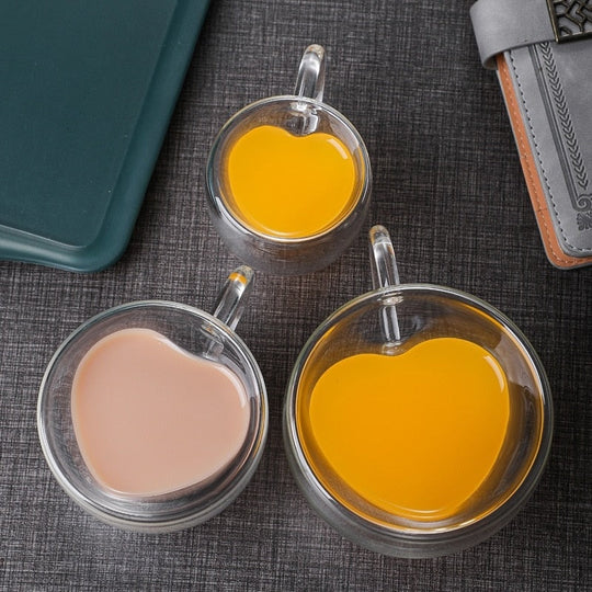 Heart Love Shape Glass Mug - Double-Walled Insulated Coffee Cup for Tea, Milk, Lemon Juice, and Water - Heat-Resistant Drinkware Gift for Lovers