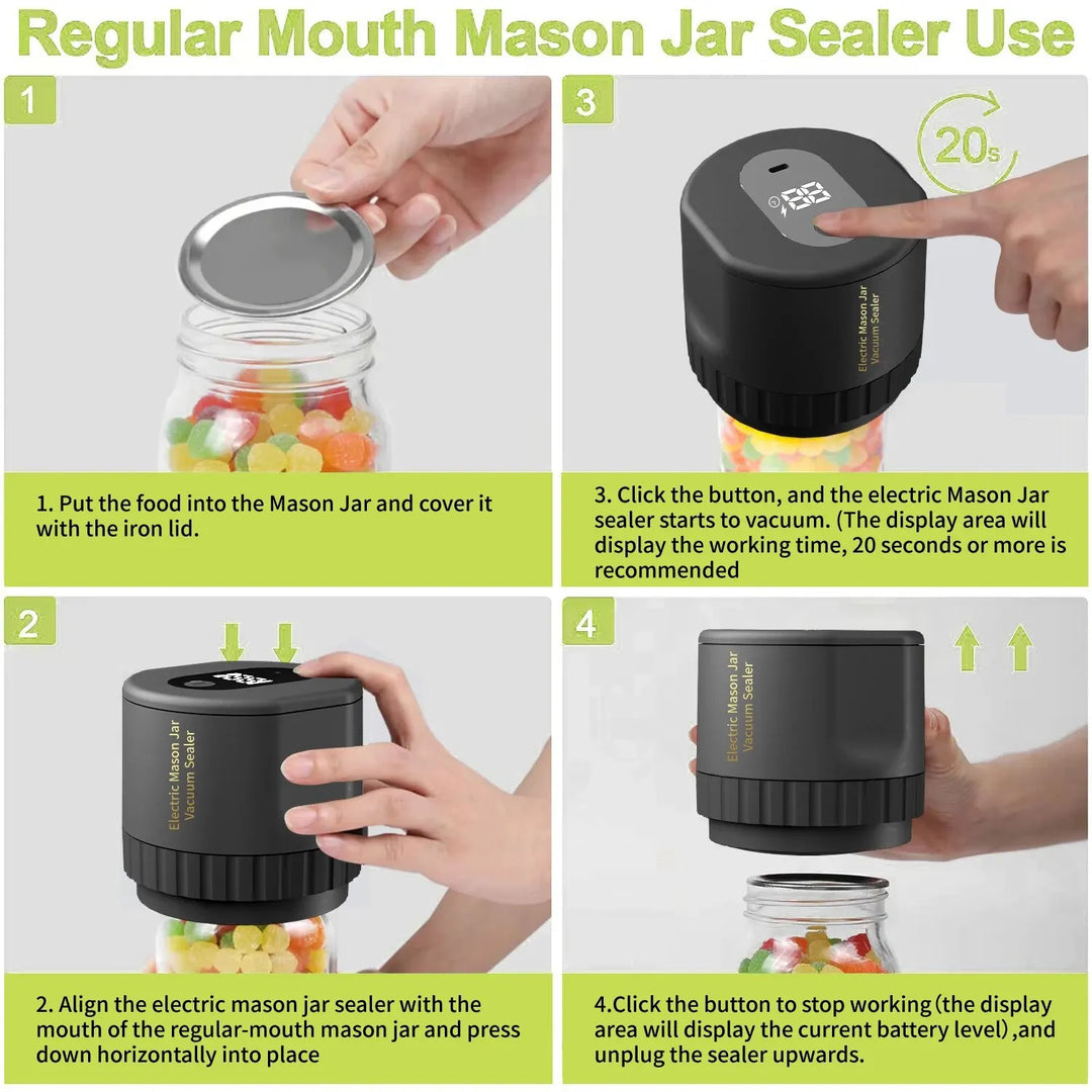 Electric Mason Jar Vacuum Sealing Set - Cordless Sealer for Wide Mouth and Regular Mason Jars - Perfect for Food Storage