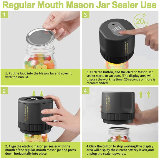 Electric Mason Jar Vacuum Sealing Set - Cordless Sealer for Wide Mouth and Regular Mason Jars - Perfect for Food Storage