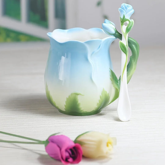 3D Rose Flower Ceramic Coffee Mug | Cute Aesthetic Water Cup with Spoon - Perfect for Summer & Winter Drinking - Ideal Valentine's Day Gift