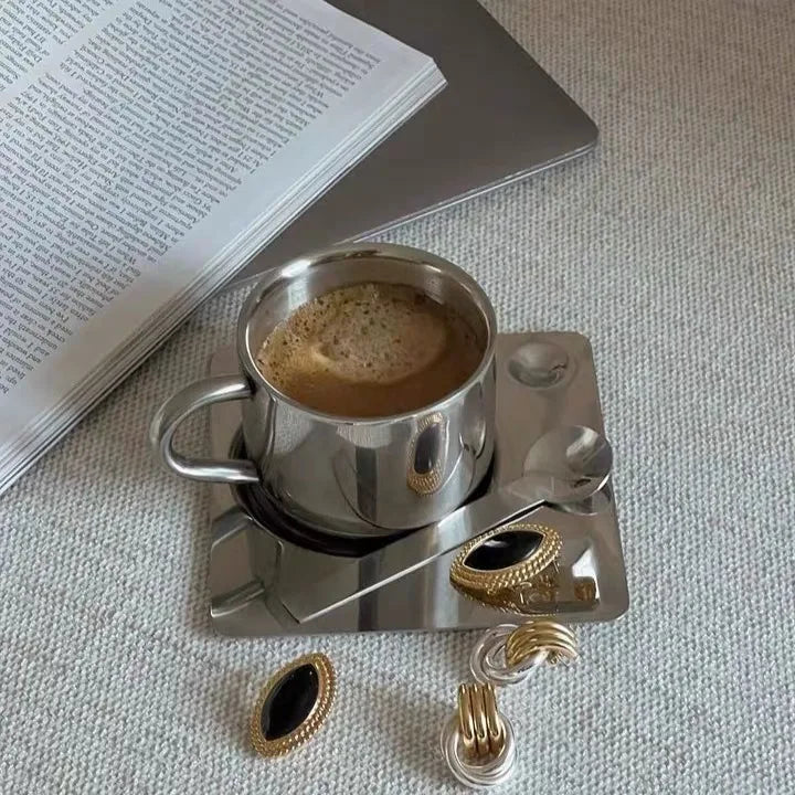 Stainless Steel Coffee Cup and Tray Set