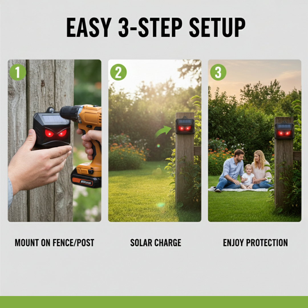 Solar Powered Ultrasonic Animal Repellent Set for Outdoor Area Protection