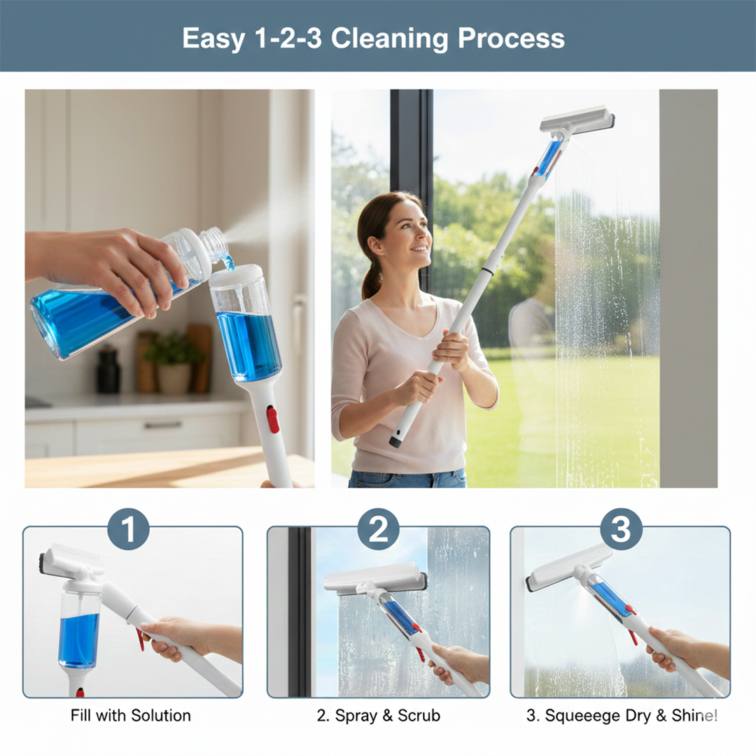 Telescopic Window Cleaner with Built-In Spray for Glass and Mirror Cleaning